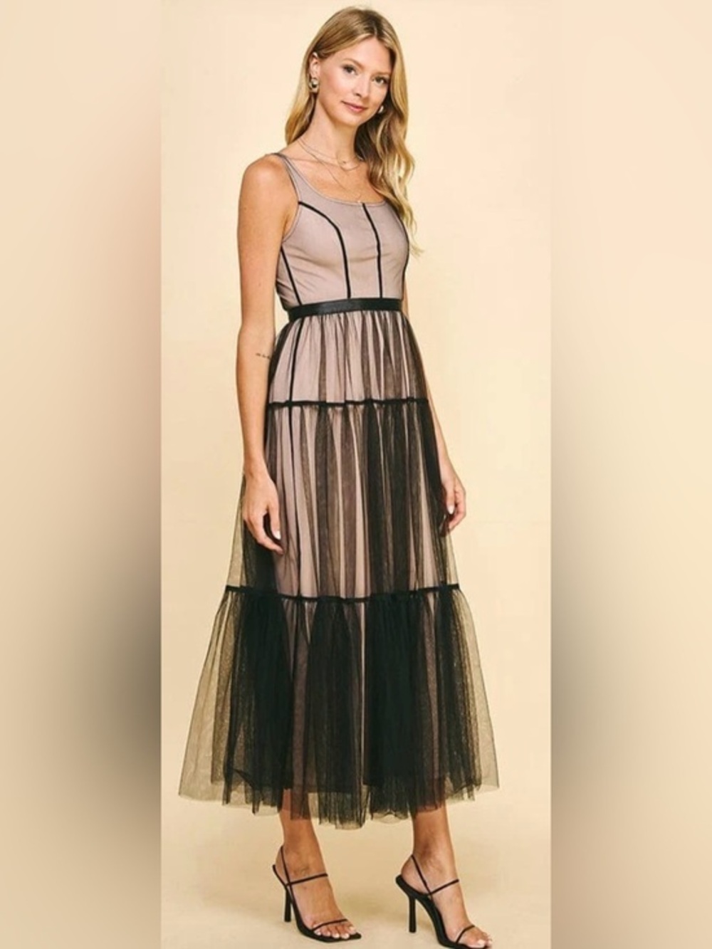 NWT Tulle Tiered Maxi Dress Sheer Tiered Mesh Maxi Dress in Nude and Black